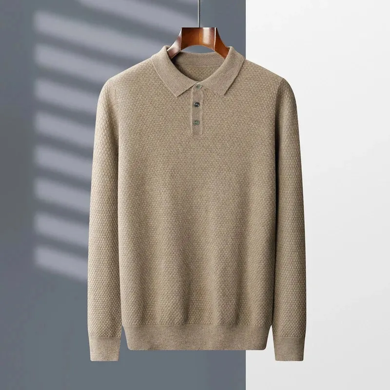 100 % Cashmere Sweater for Men Winter Turn-Down Collar Knitted Pullover Solid Long Sleeve Polo Shirt Soft Warm Sweaters