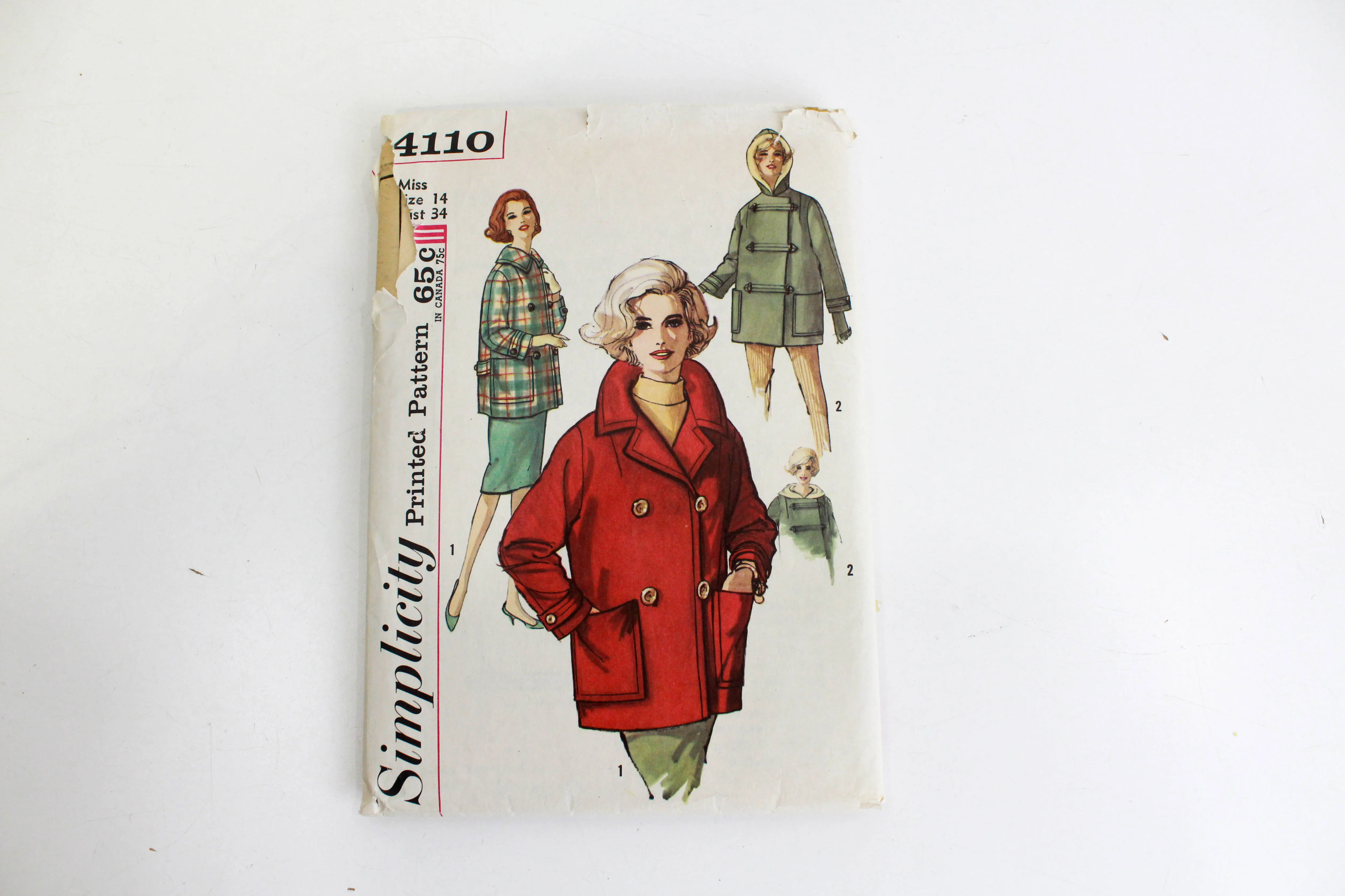 1960s Women's Coat Sewing Pattern Simplicity 4110, Collar, Hood, Patch Pockets, Pre-cut by Manufacturer, Complete, Bust 34