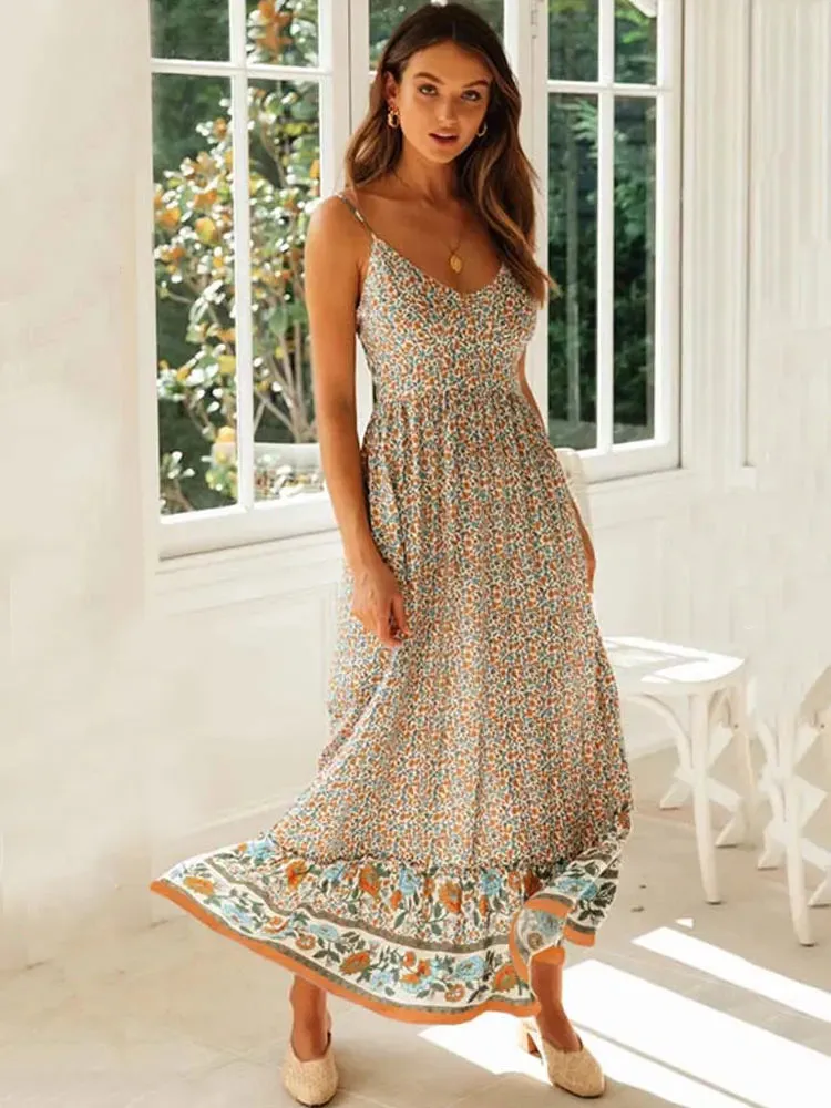 2024 Bohemian Party Flower Spaghetti Strap Summer Maxi Boho Dress