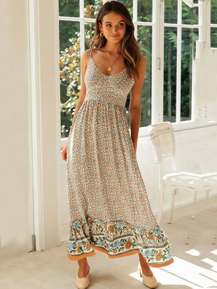 2024 Bohemian Party Flower Spaghetti Strap Summer Maxi Boho Dress