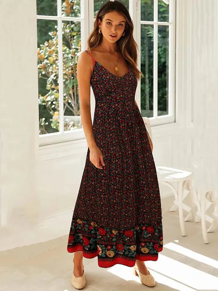 2024 Bohemian Party Flower Spaghetti Strap Summer Maxi Boho Dress