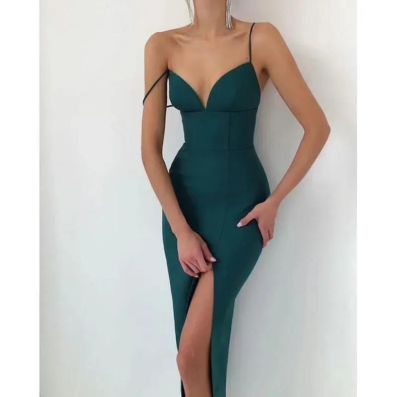 2024 Elegant High Slit Bodycon Spaghetti Straps Corset Midi Dress