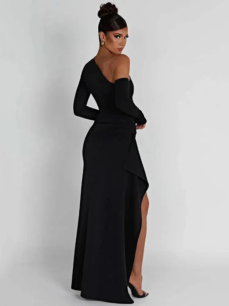 2024 Mozision Oblique Shoulder Thigh High Split Long Sleeve Maxi Dress