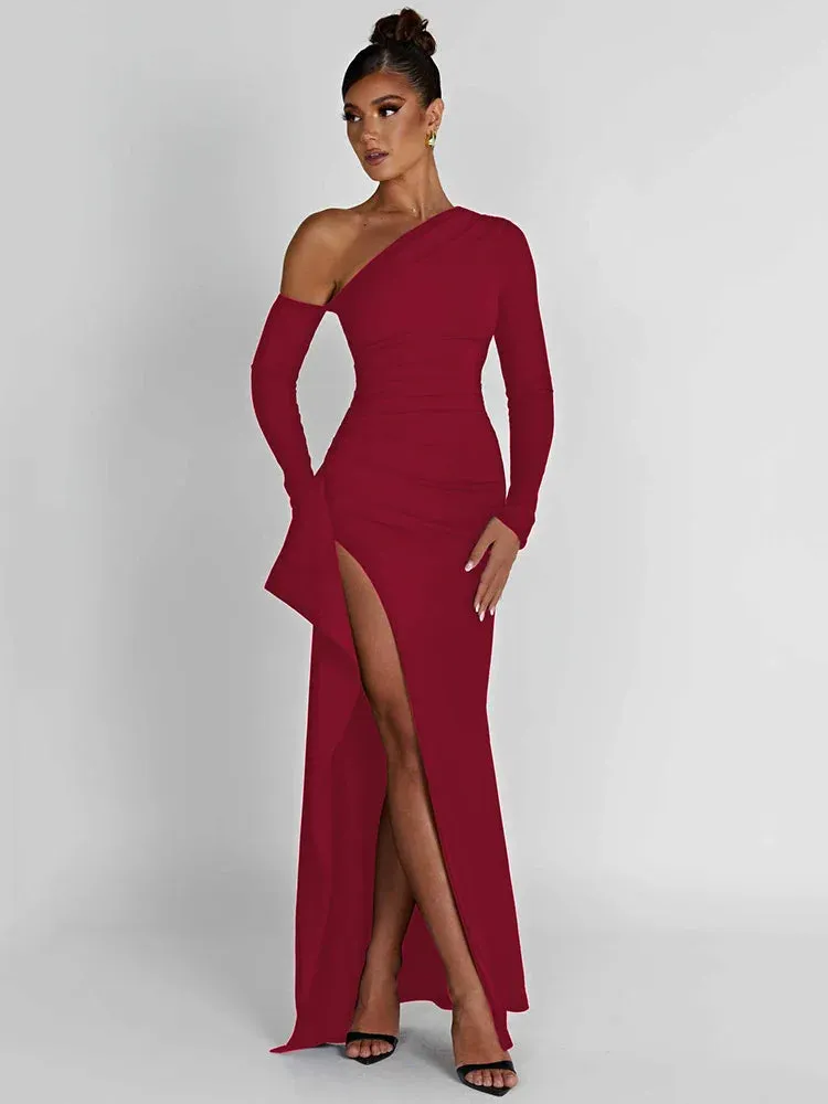 2024 Mozision Oblique Shoulder Thigh High Split Long Sleeve Maxi Dress