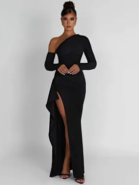 2024 Mozision Oblique Shoulder Thigh High Split Long Sleeve Maxi Dress