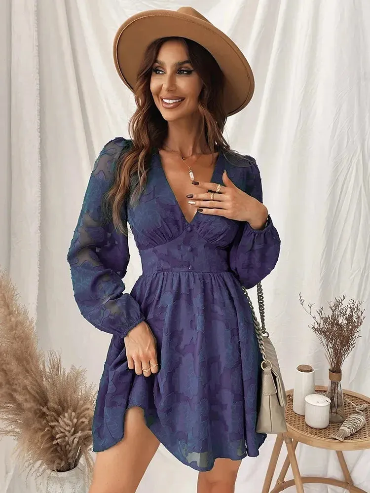 2024 Sexy Long Sleeve Green Plunge A-Line Mini Boho Dress