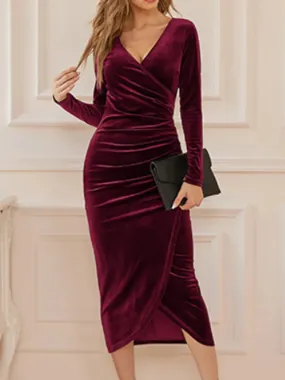 2024 Sexy Velvet Split Ruched V-neck Midi Bodycon Dress