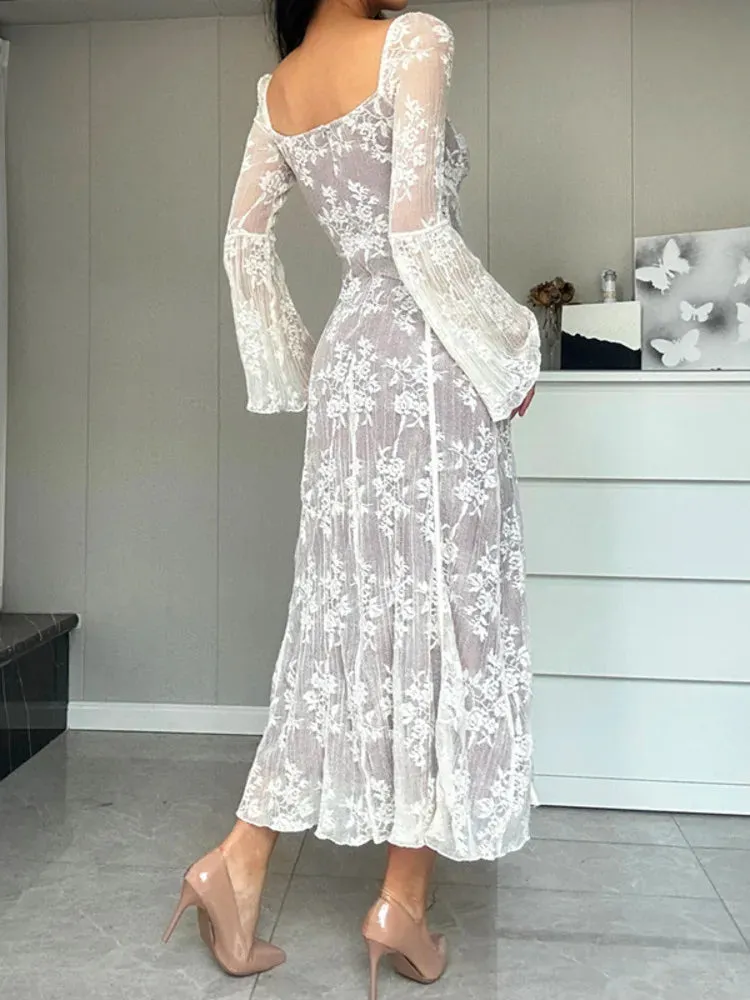 2024 Spring High Waist Long Sleeve Elegant Party Clubwear Lace Dress