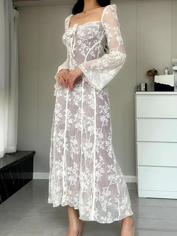 2024 Spring High Waist Long Sleeve Elegant Party Clubwear Lace Dress