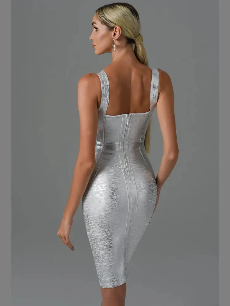 2024 Summer Sexy Sleeveless Backless Gold Bronzing Midi Bodycon Dress