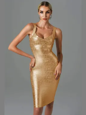 2024 Summer Sexy Sleeveless Backless Gold Bronzing Midi Bodycon Dress