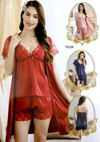 3 Pcs Sexy Short Nighty With Gown - 6720