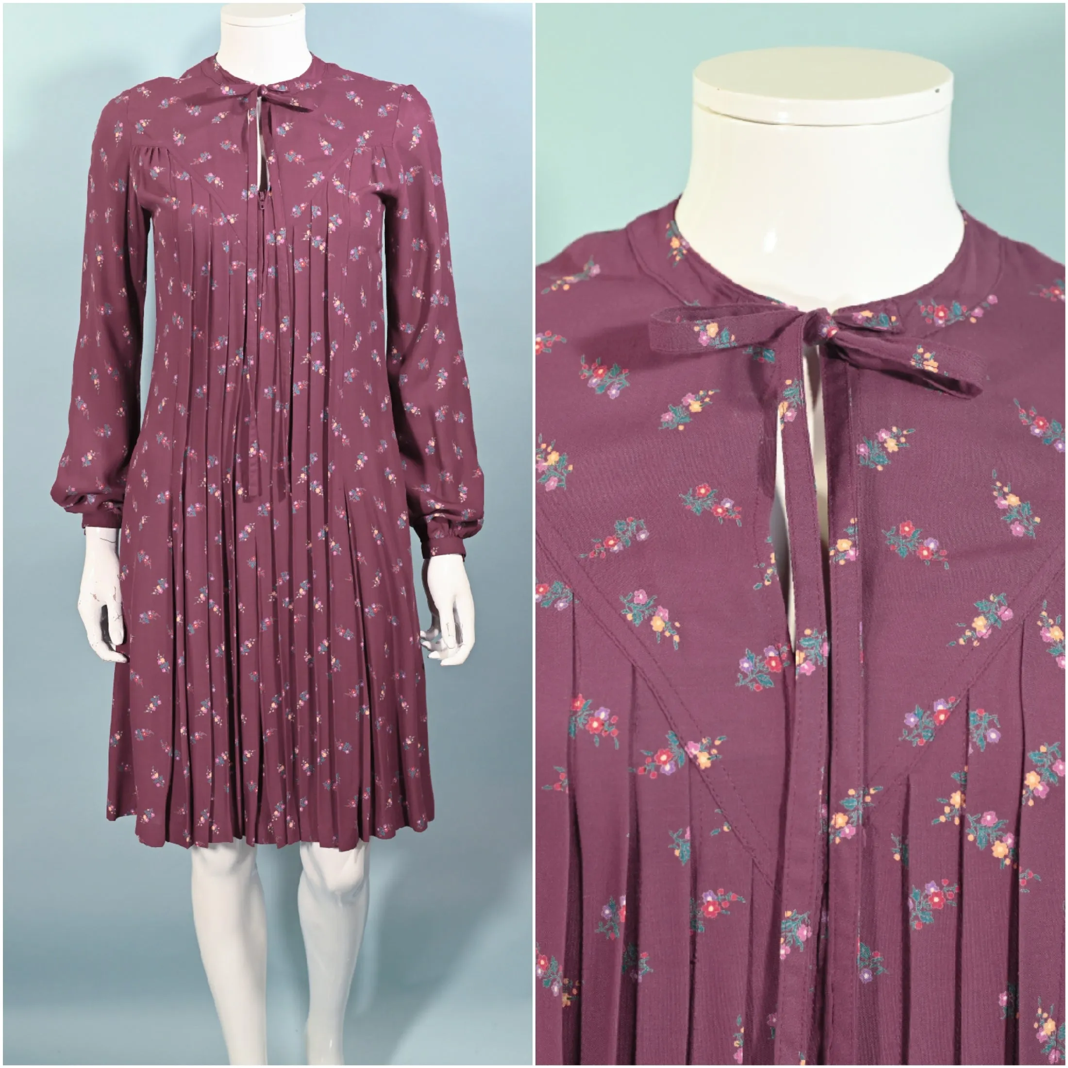 70s Nipon Boutique Floral Dress, Pleated Dark Academia Dress S