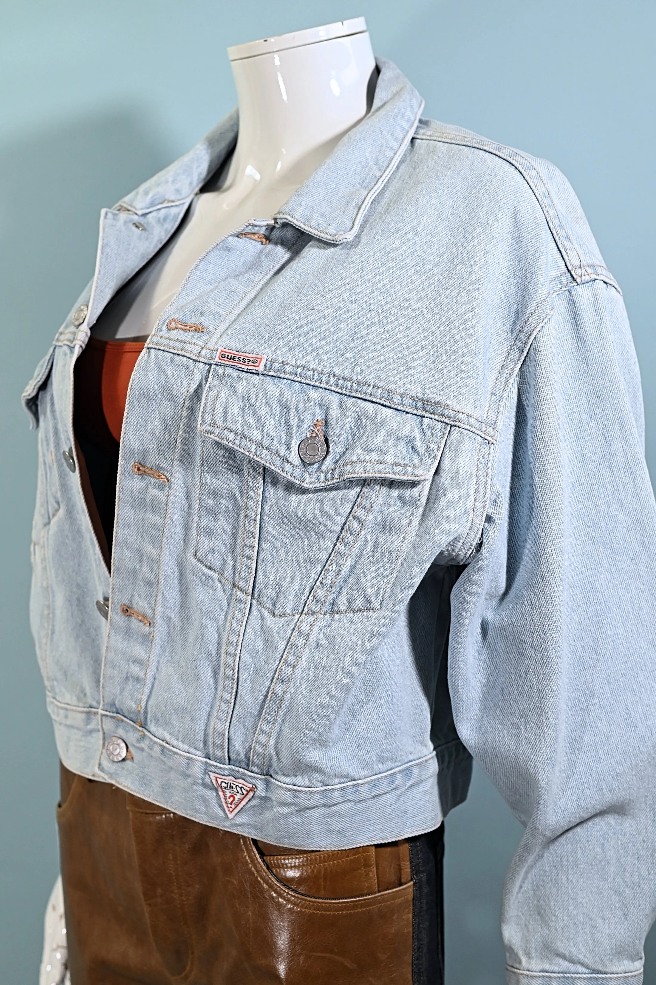 80s Guess Cropped Light Acid Washed Denim Jacket, Georges Marciano S