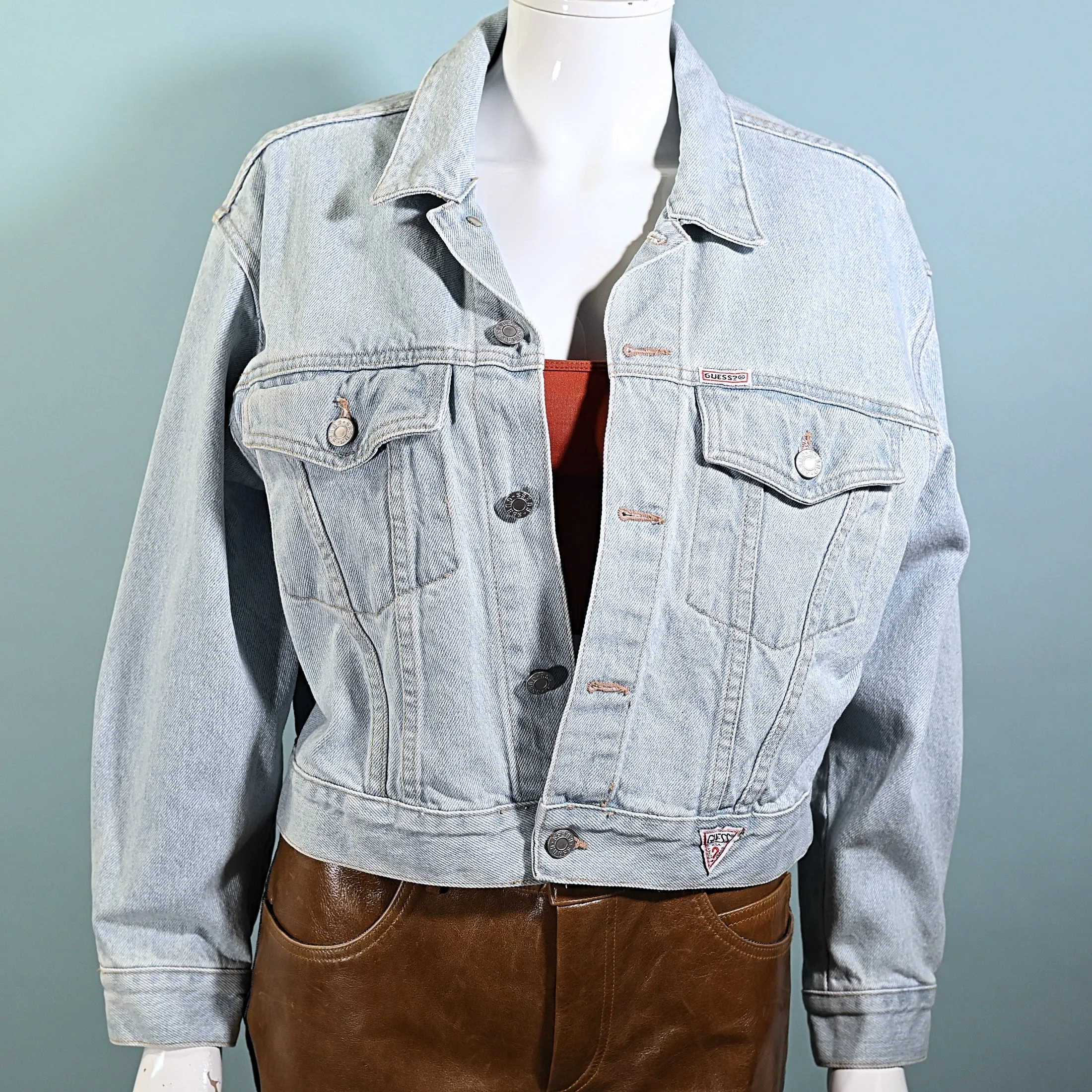 80s Guess Cropped Light Acid Washed Denim Jacket, Georges Marciano S