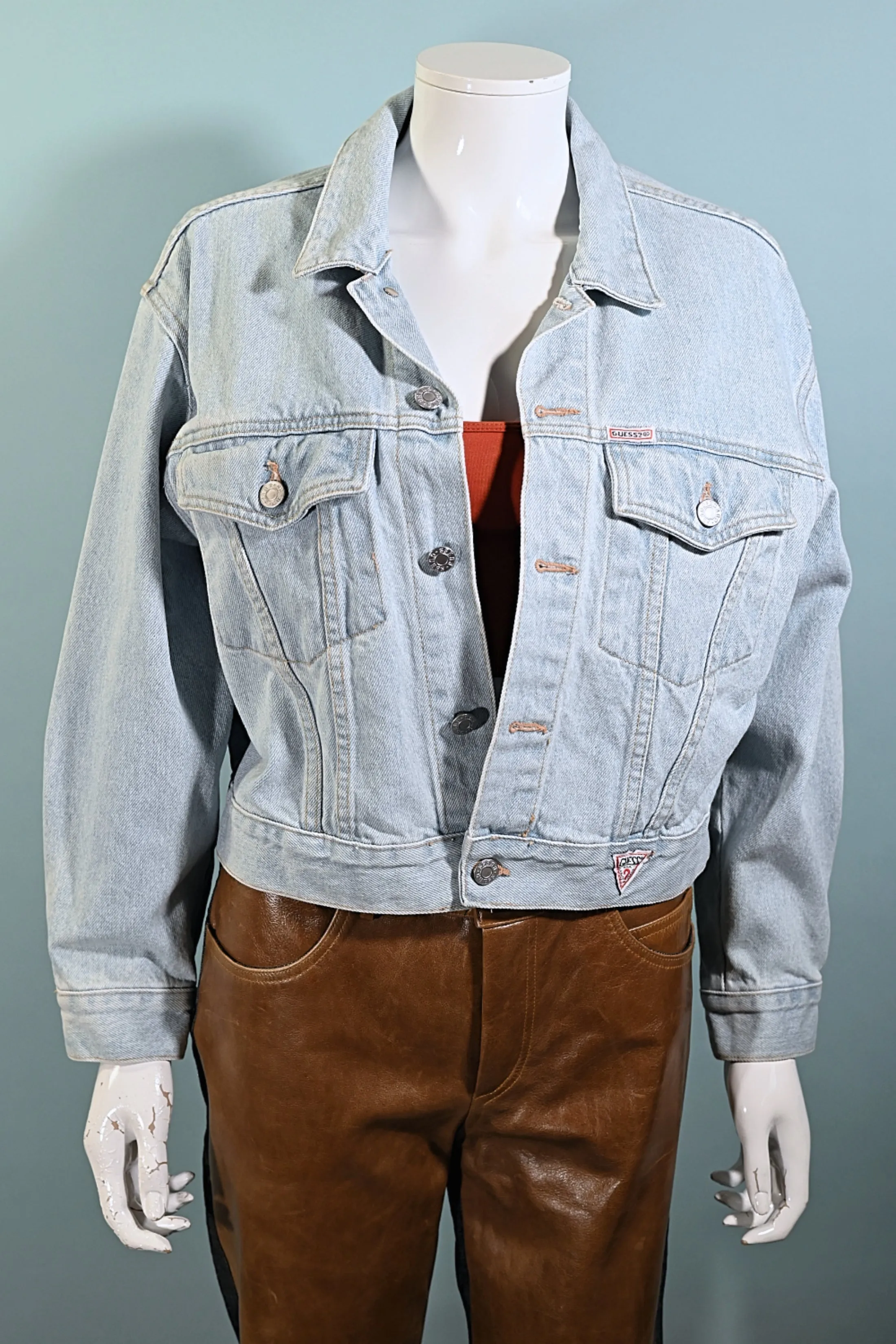 80s Guess Cropped Light Acid Washed Denim Jacket, Georges Marciano S