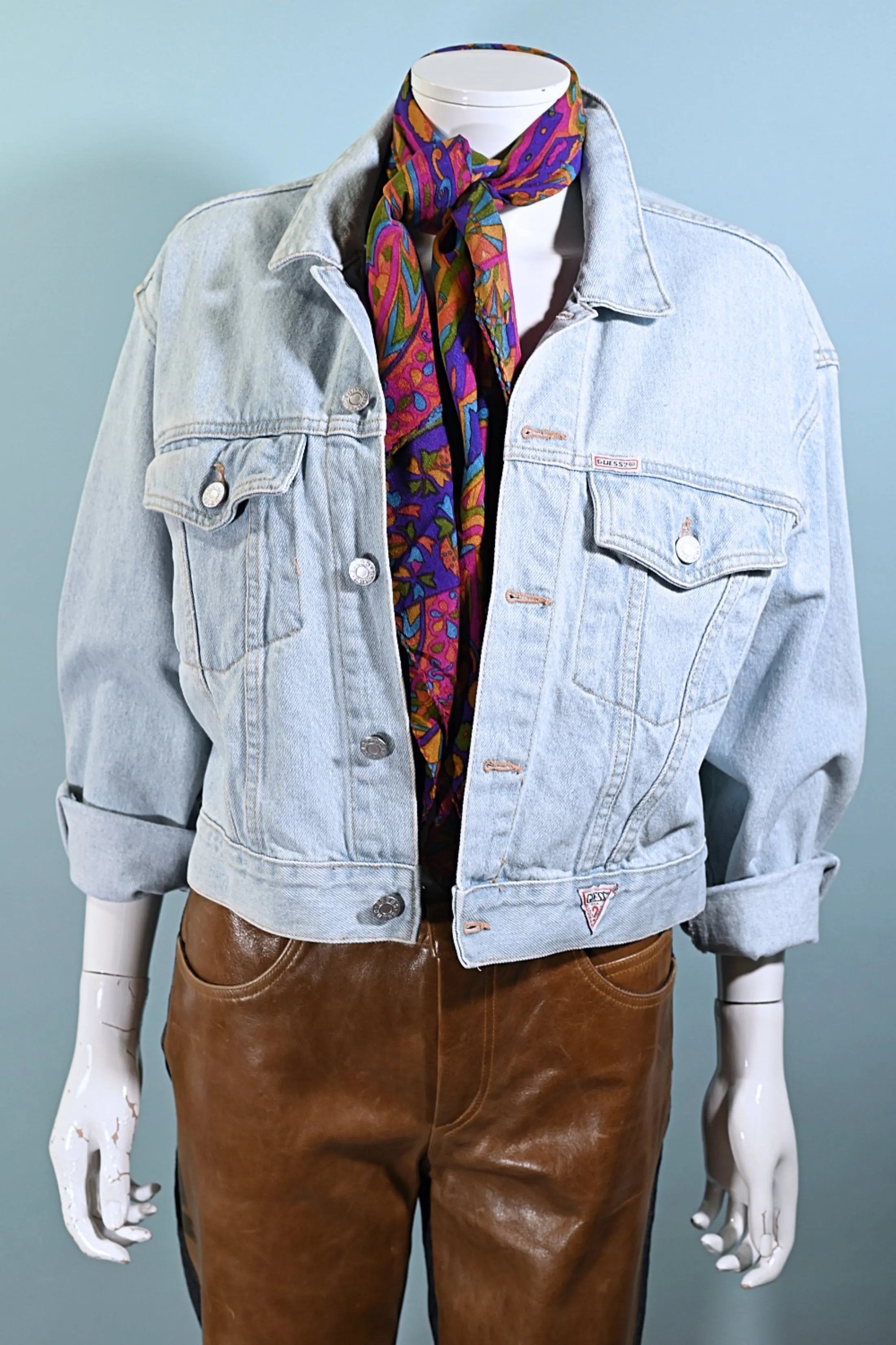 80s Guess Cropped Light Acid Washed Denim Jacket, Georges Marciano S