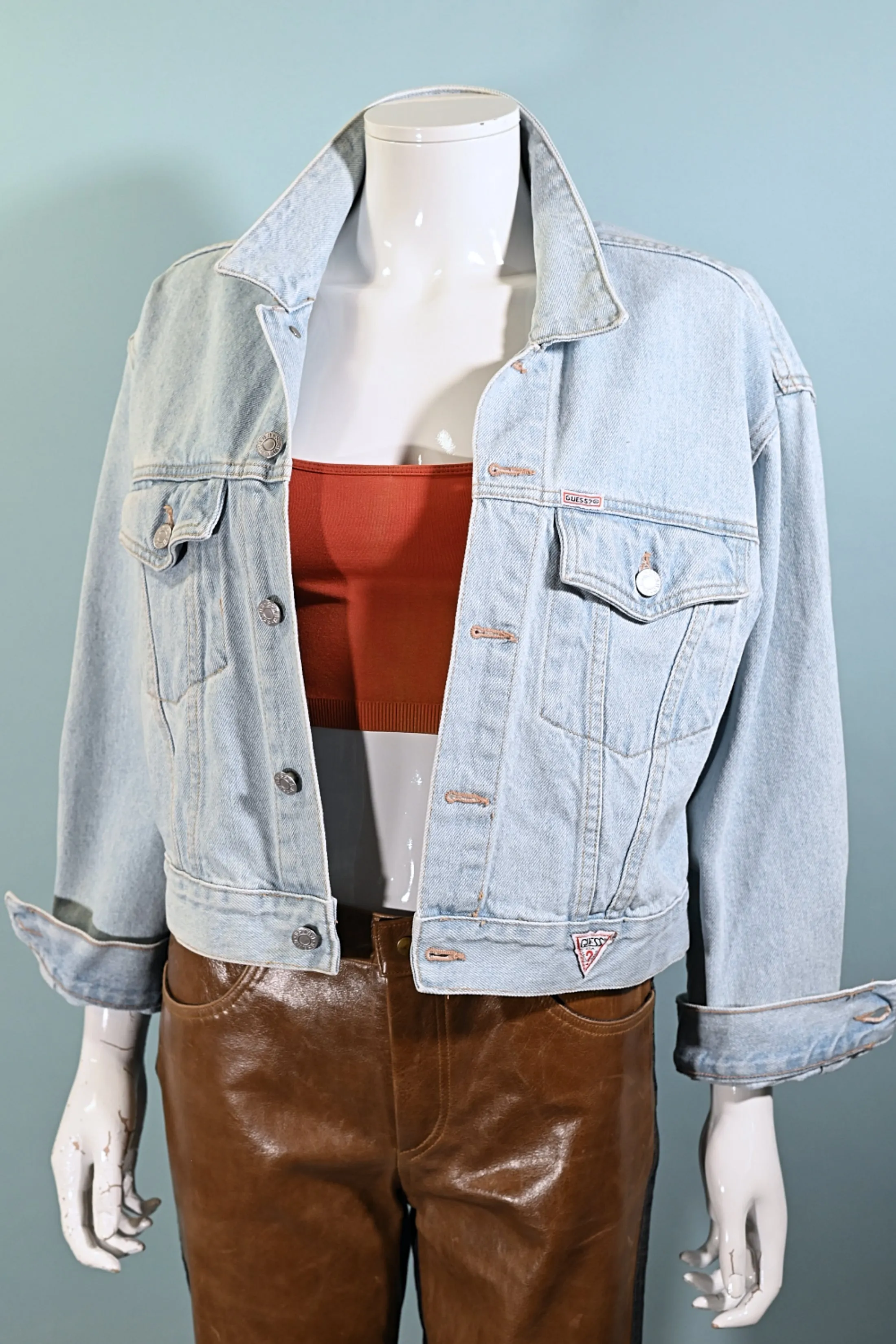 80s Guess Cropped Light Acid Washed Denim Jacket, Georges Marciano S