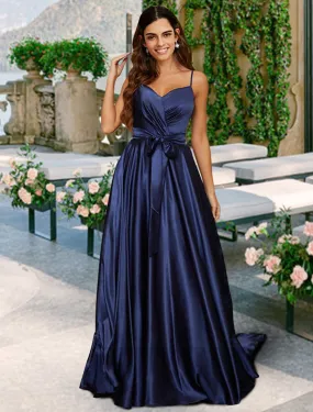 A-Line Bridesmaid Dress V Neck / Spaghetti Strap Sleeveless Sexy Floor Length Charmeuse with Bow(s) / Pleats