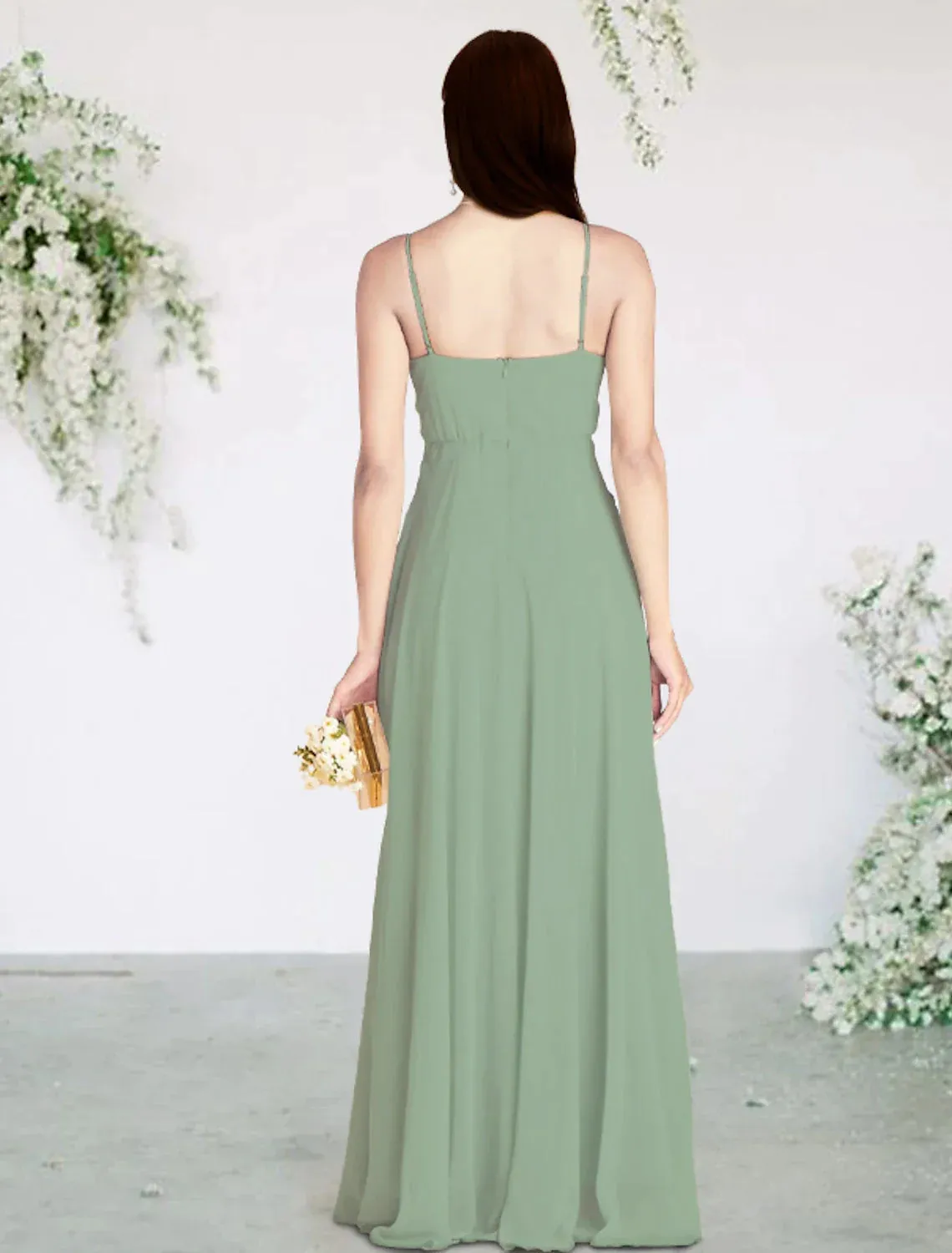 A-Line Bridesmaid Dress V Neck / Spaghetti Strap Sleeveless Sexy Floor Length Chiffon with Pleats