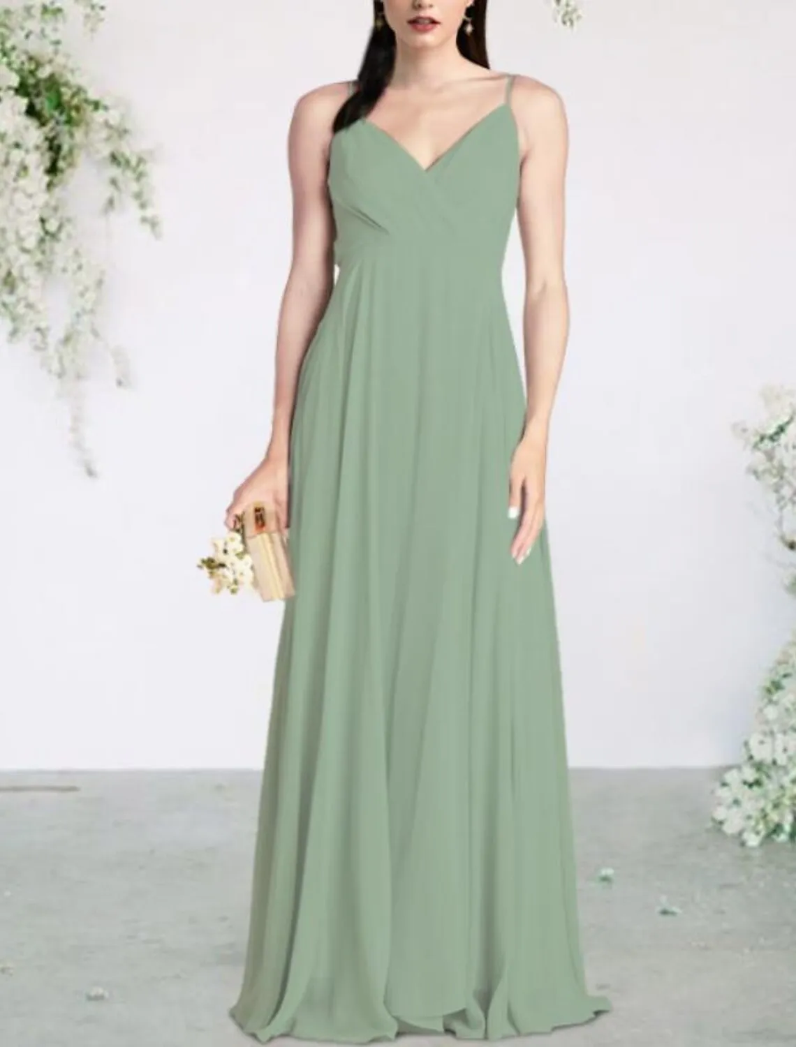 A-Line Bridesmaid Dress V Neck / Spaghetti Strap Sleeveless Sexy Floor Length Chiffon with Pleats