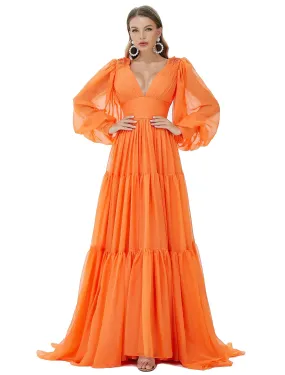 A-Line Evening Gown Sexy Dress Party Long Sleeve V Neck Chiffon with Ruched