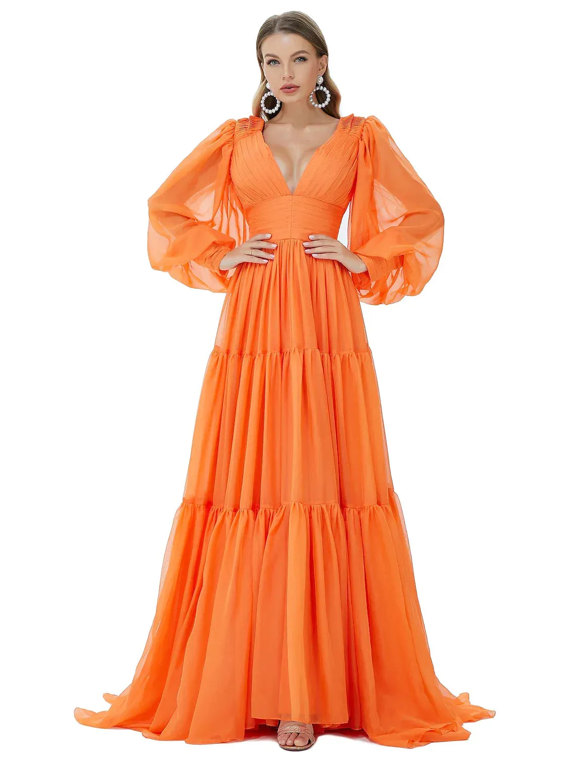 A-Line Evening Gown Sexy Dress Party Long Sleeve V Neck Chiffon with Ruched