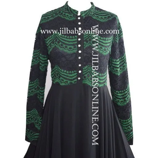 AALEYAH EXTRA FLARY CHIFFON ABAYA BLACK GREEN (AAC116)