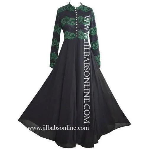 AALEYAH EXTRA FLARY CHIFFON ABAYA BLACK GREEN (AAC116)