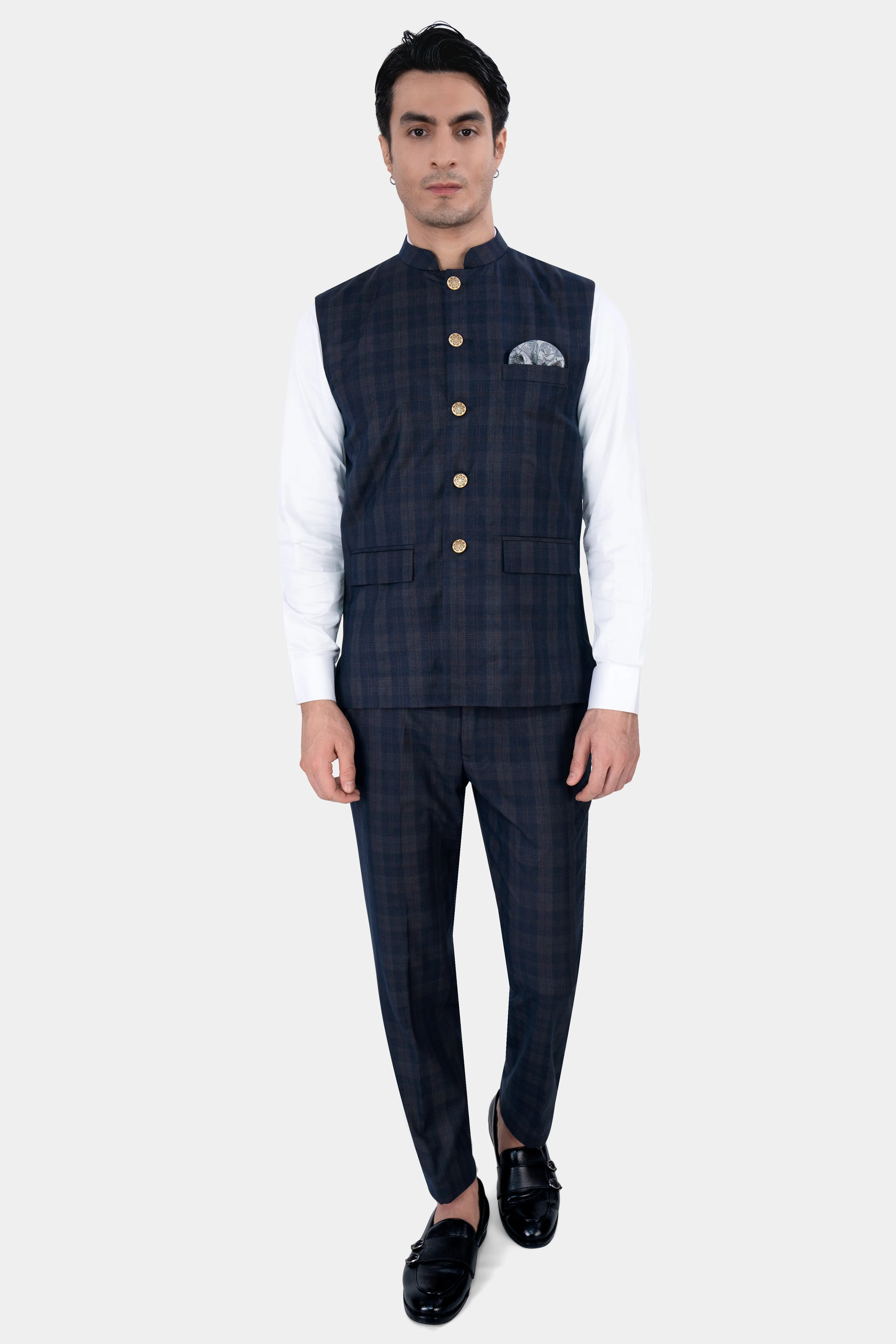 Admiral Blue and Cinereous Brown Plaid Wool Rich  Nehru Jacket