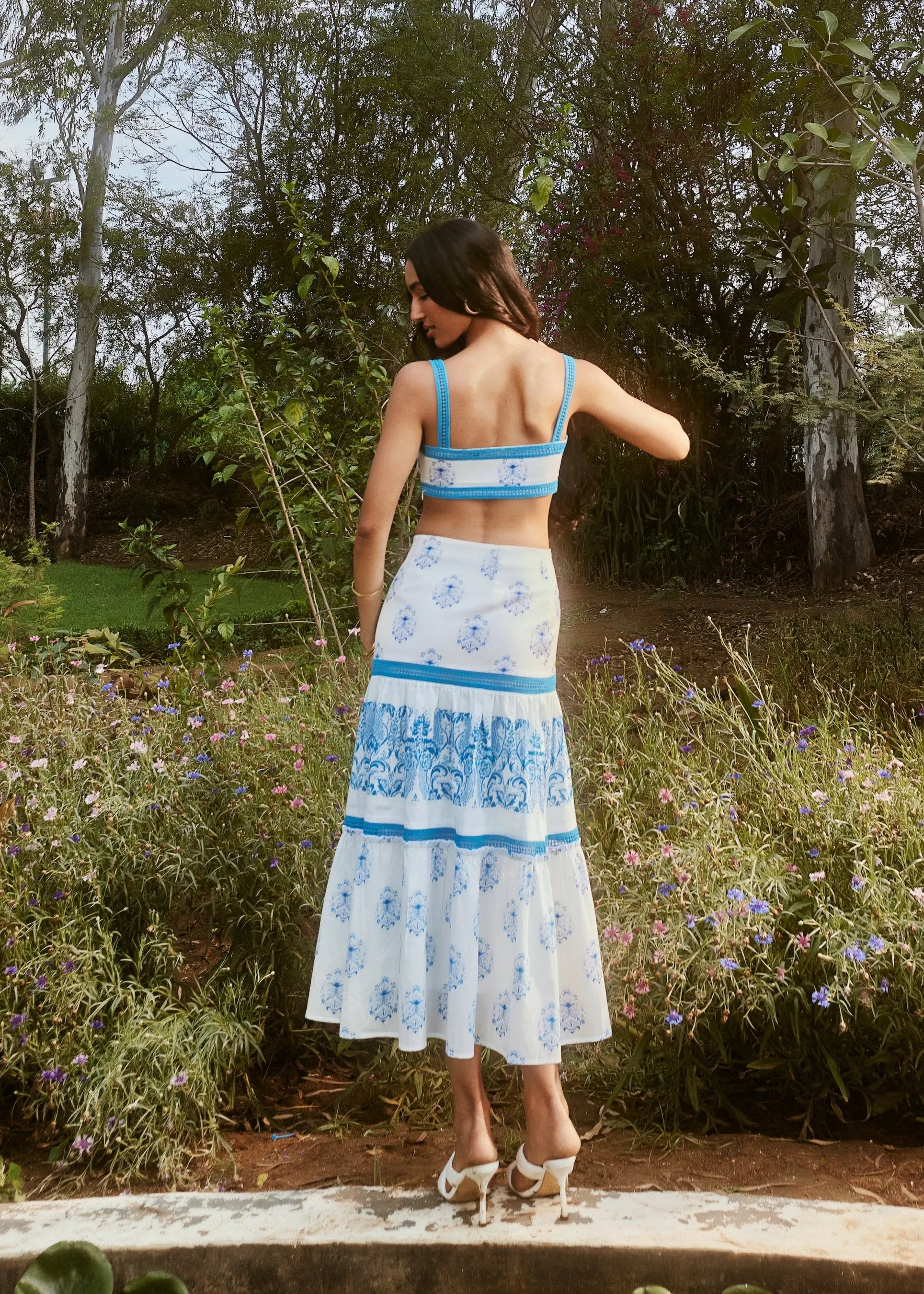 Alessa White and Blue Print   Lace Coord Set