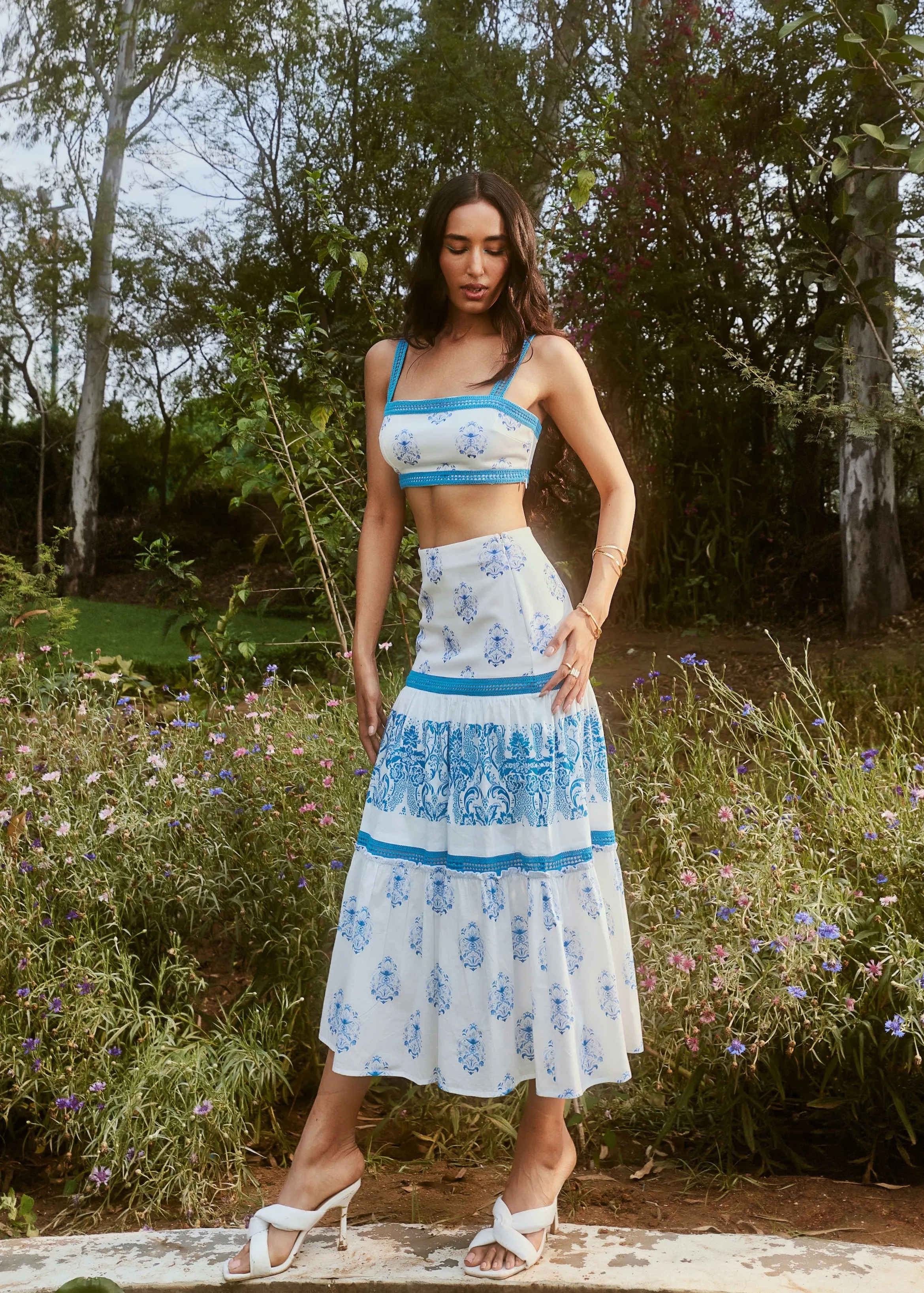 Alessa White and Blue Print   Lace Coord Set