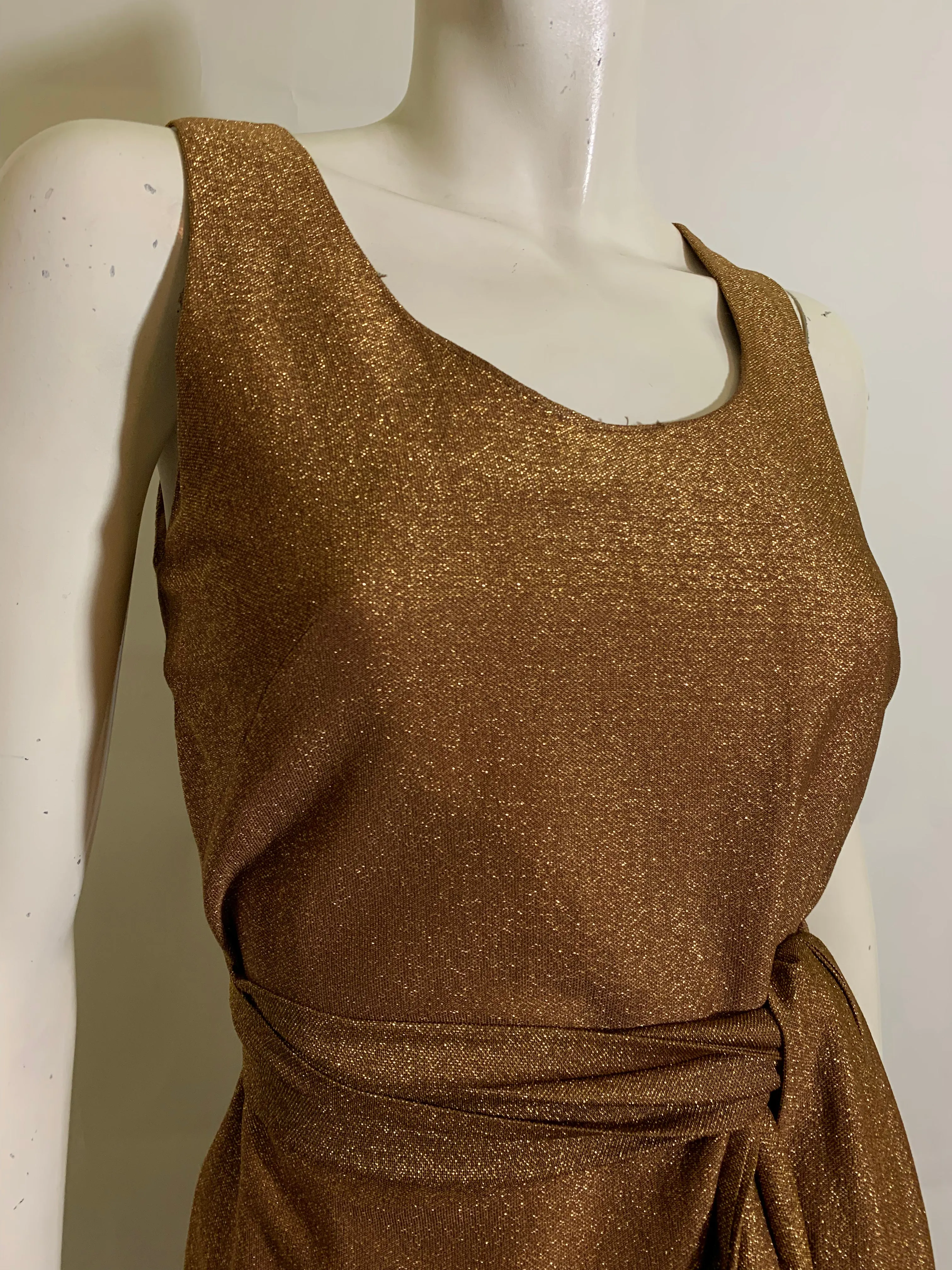 Amber Gold Lurex Mini Cocktail Dress with Micropleated Hem and Sash circa 1960s