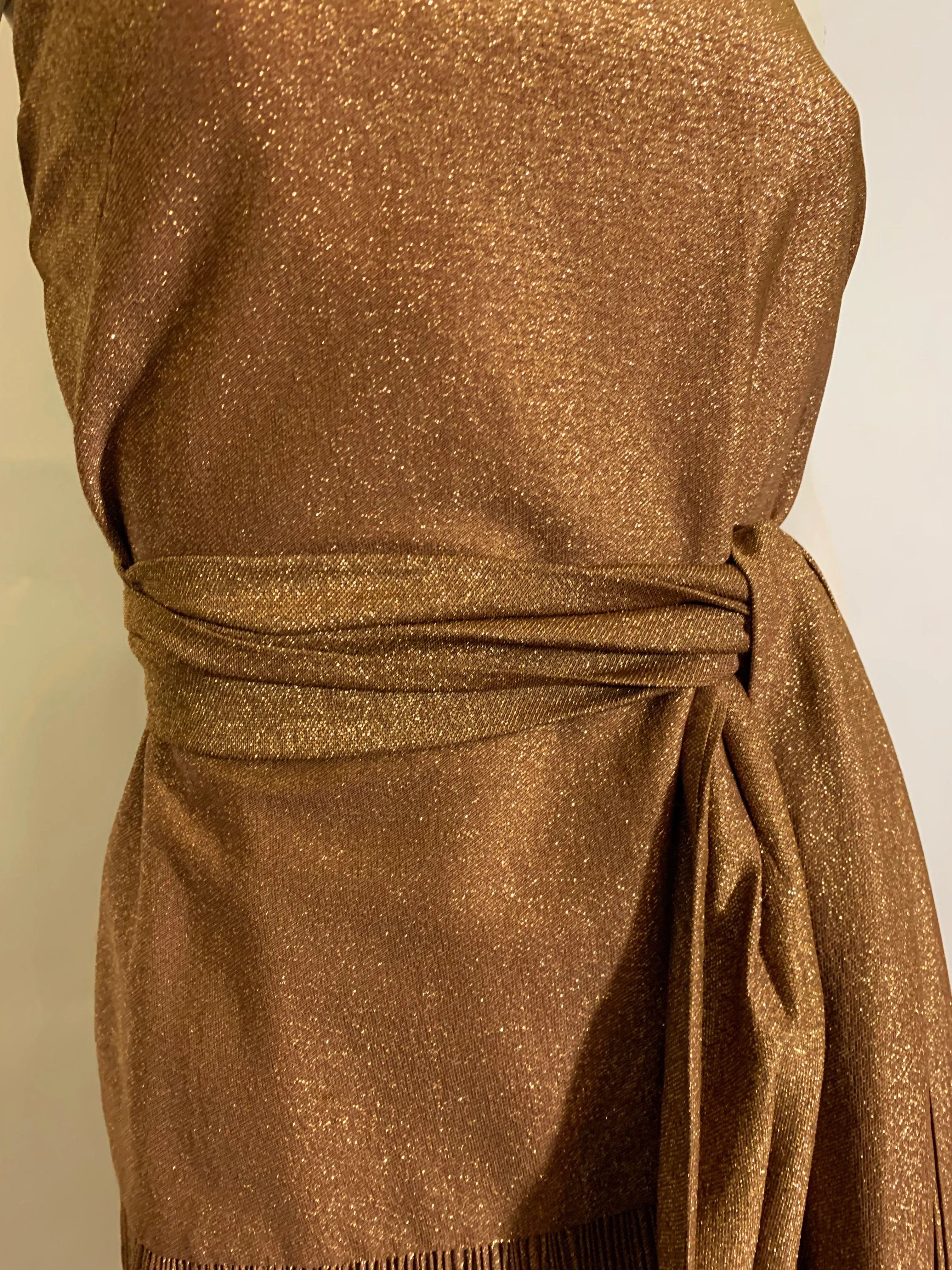 Amber Gold Lurex Mini Cocktail Dress with Micropleated Hem and Sash circa 1960s