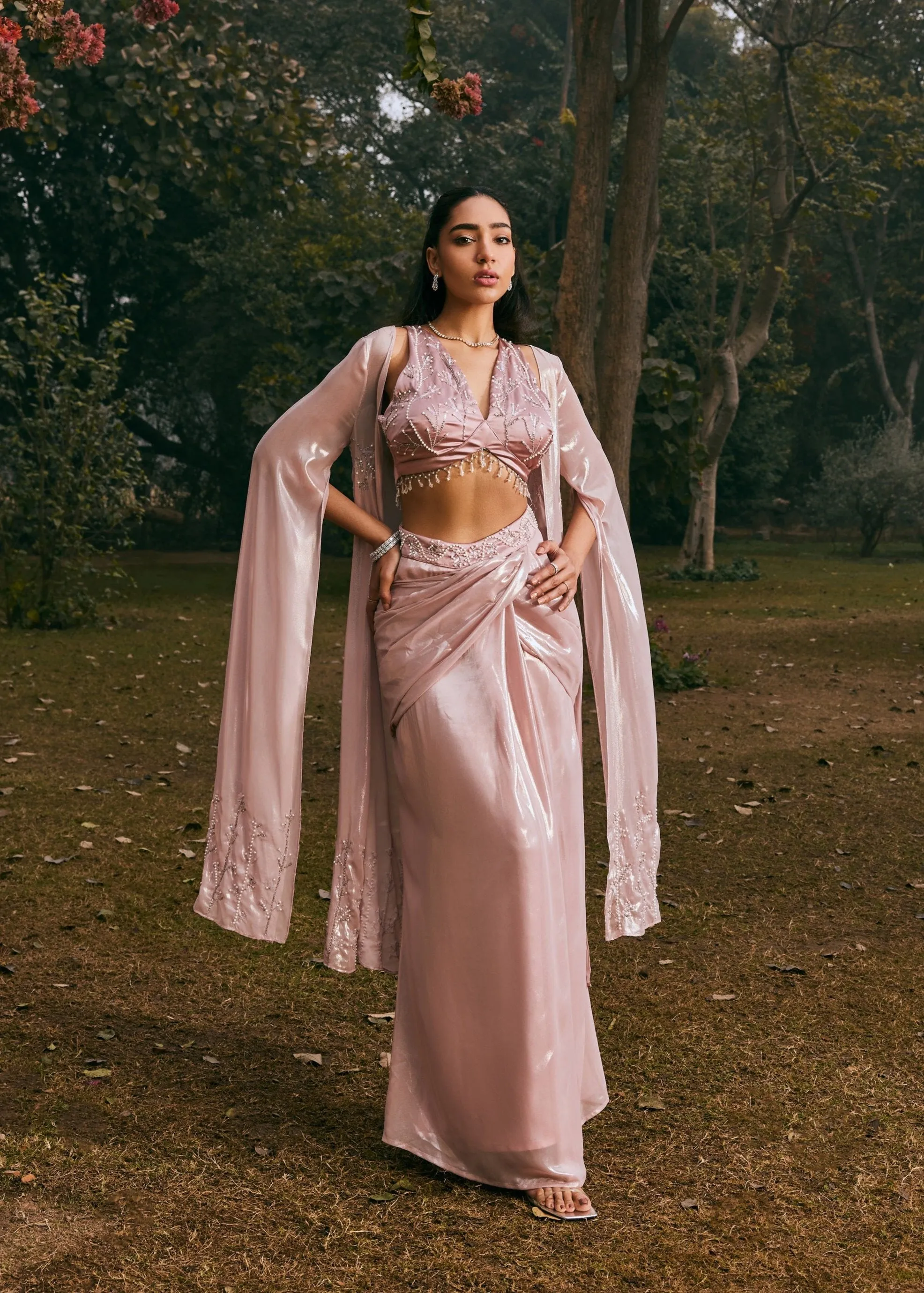 Amina Mauve Chiffon Hand Embroidered Coord Set