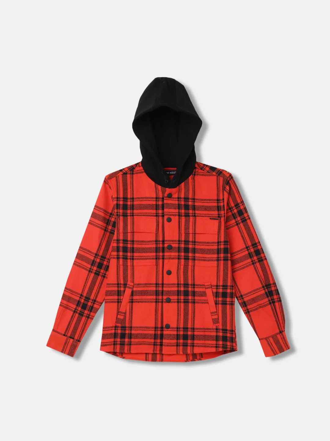 Antony Morato Kids Red Fashion Checked Regular Fit Hooded Shirt