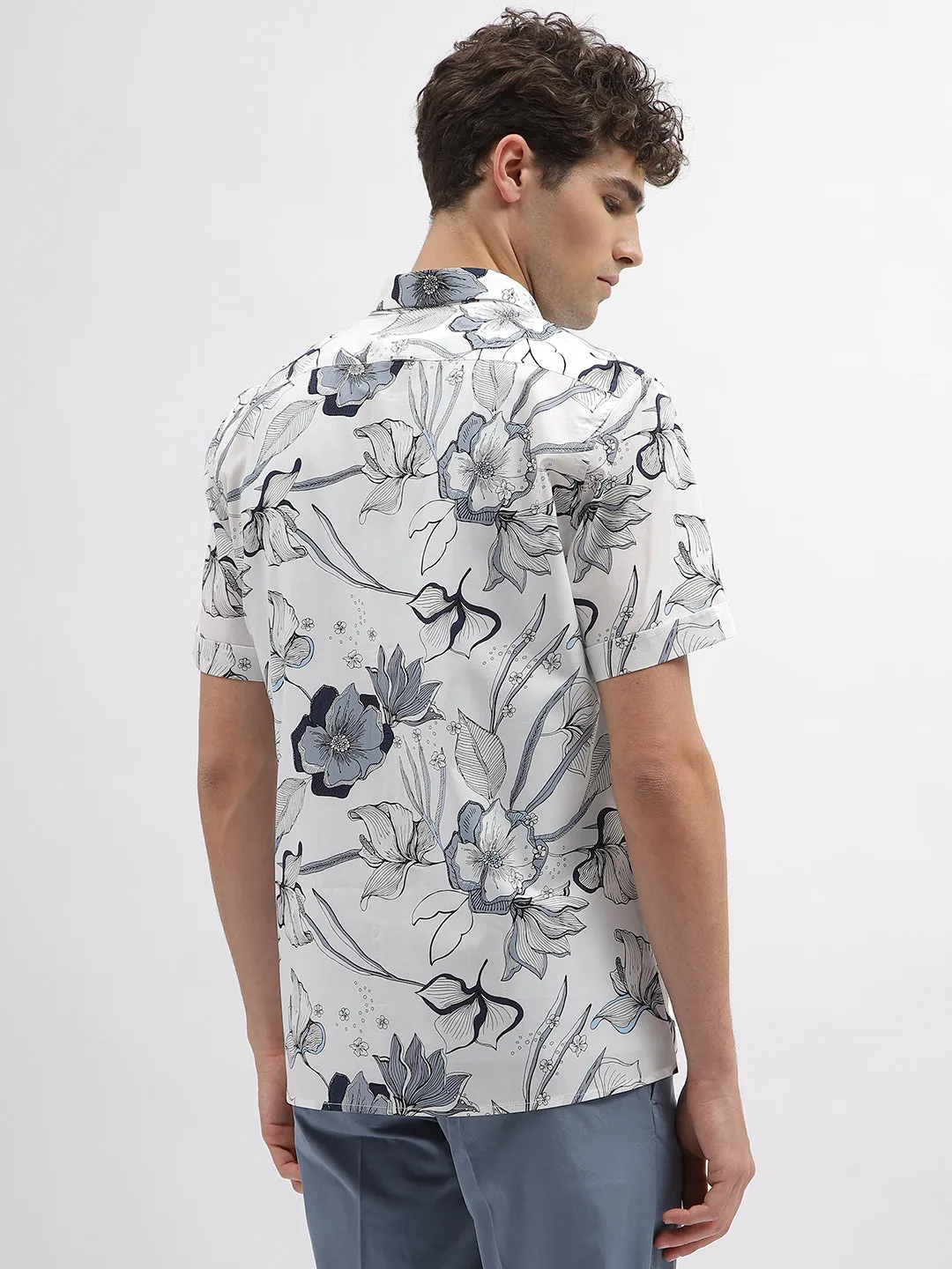 Antony Morato Men Off White Printed Spread Collar Short Sleeves Shirt