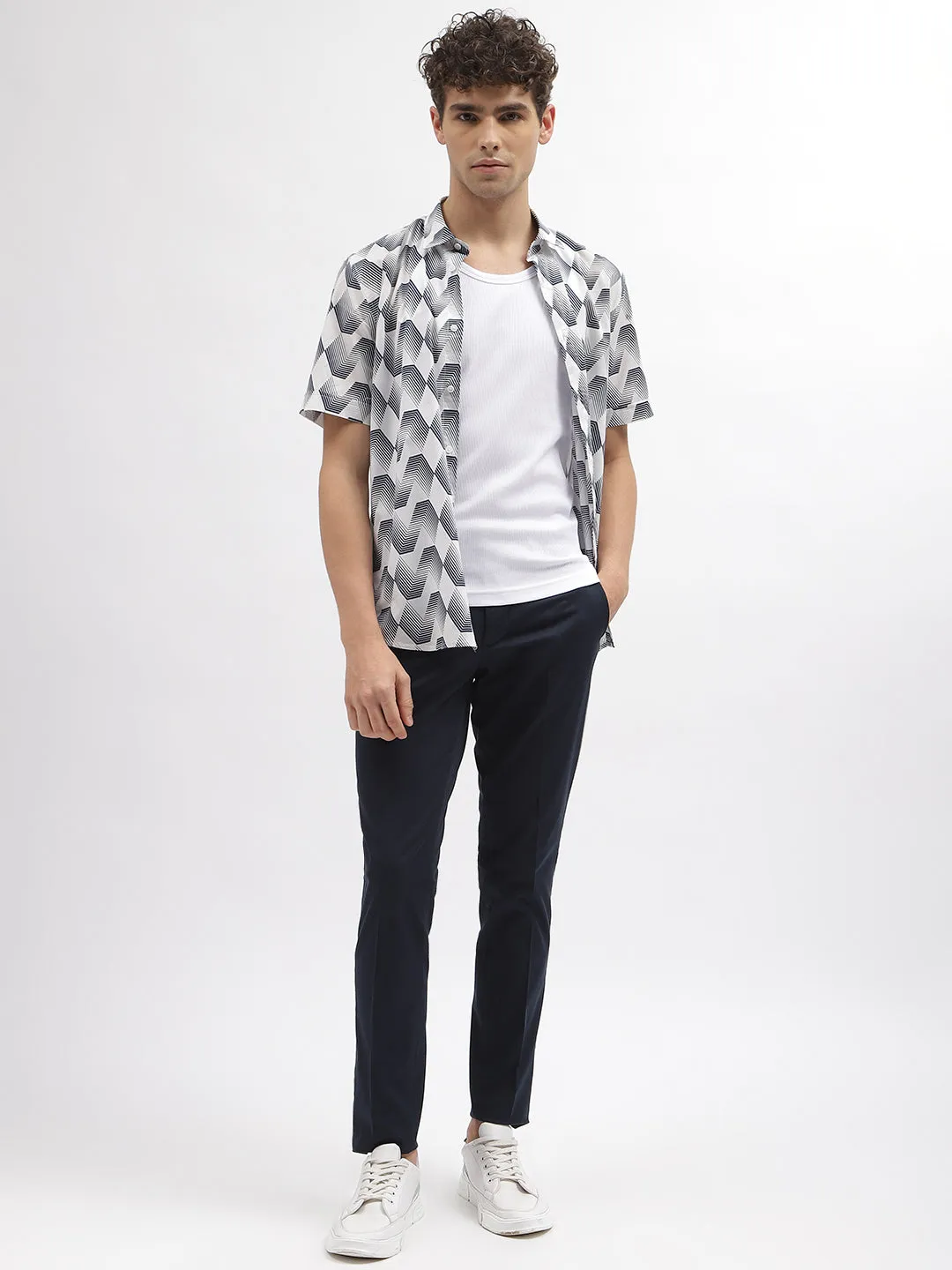 Antony Morato Men Off White Printed Spread Collar Short Sleeves Shirt