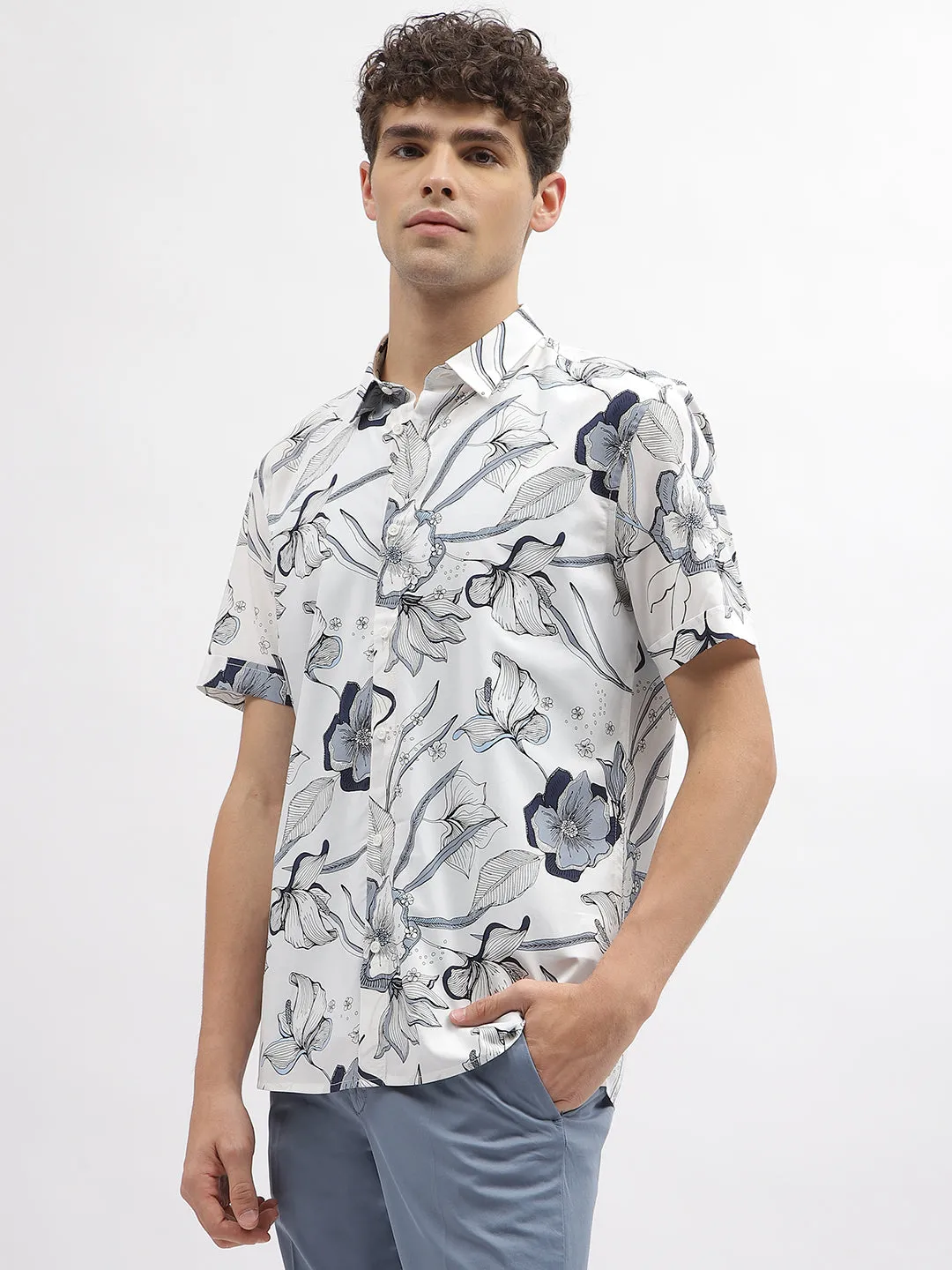 Antony Morato Men Off White Printed Spread Collar Short Sleeves Shirt