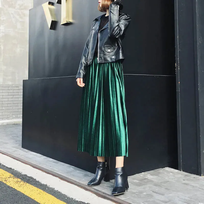 Autumn High Waisted Skinny Velvet Pleated Skirt