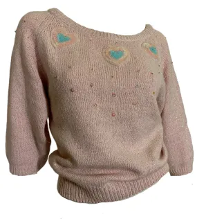 Baby Pink Angora Blend Sweater with Metallic Threads and Pastel Sequin Hearts circa 1980s