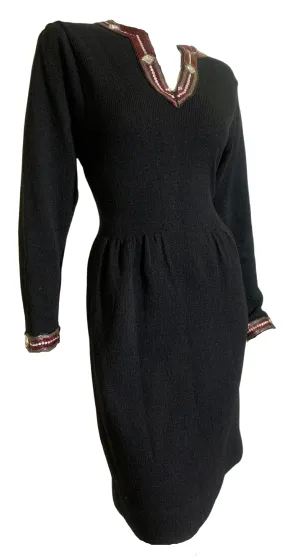 Bead and Rhinestone Trimmed Santana Knit Black Dress circa 1980s