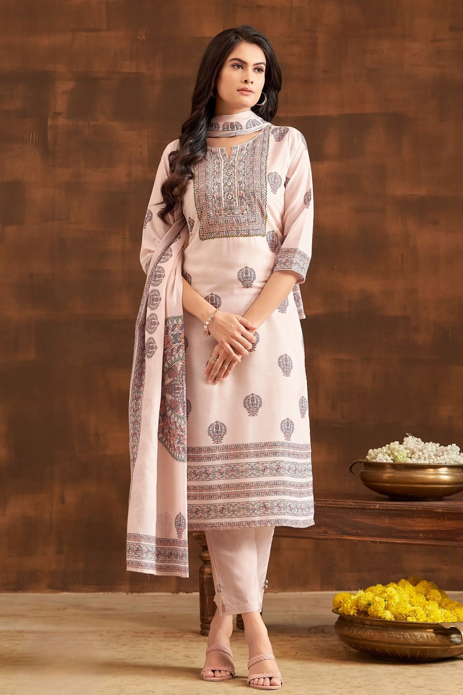 Beige Sequins and Thread work with Digital Print Straight Cut Salwar Suit