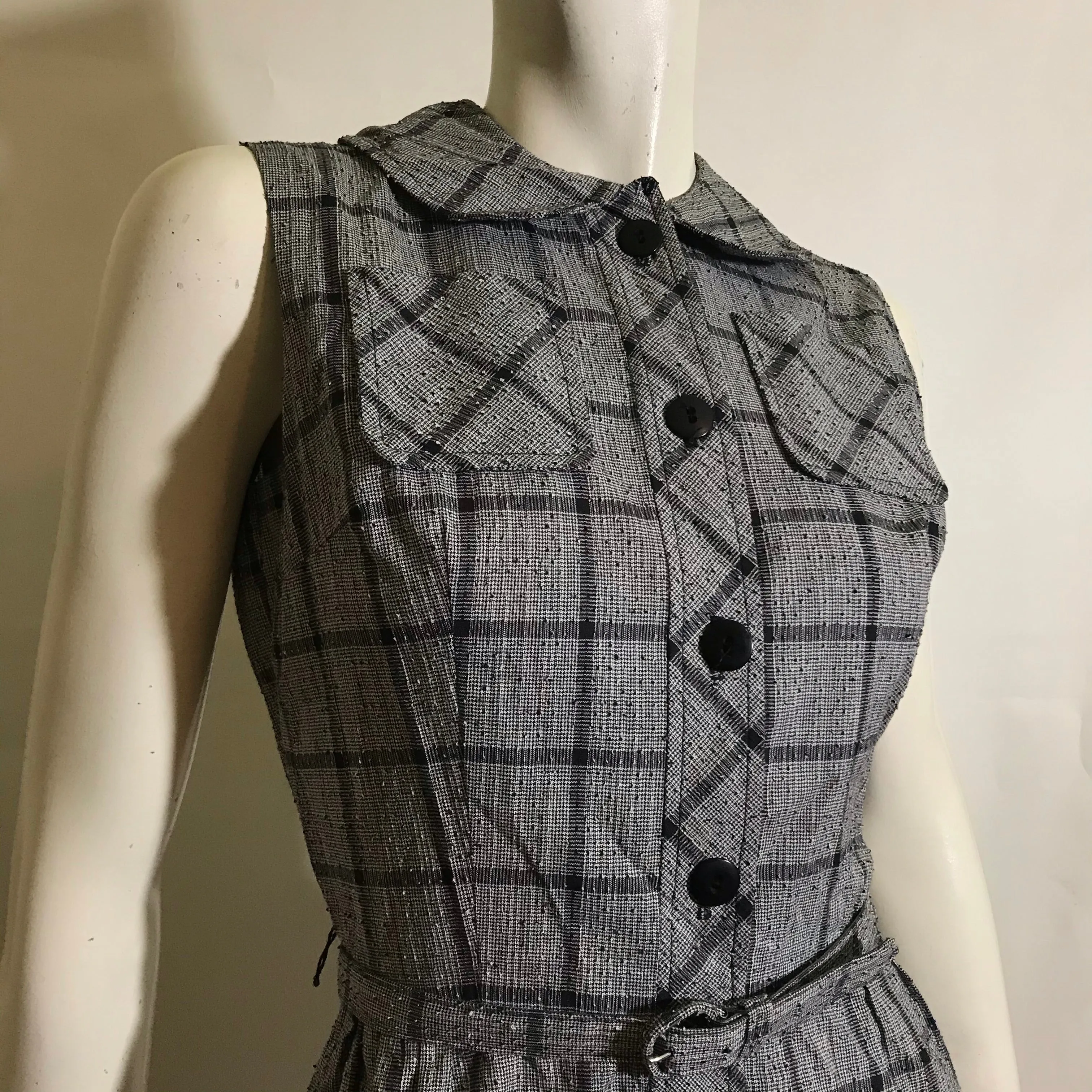 Black and White Textured Weave Cotton Sleeveless Checked Button Up Dress circa 1950s