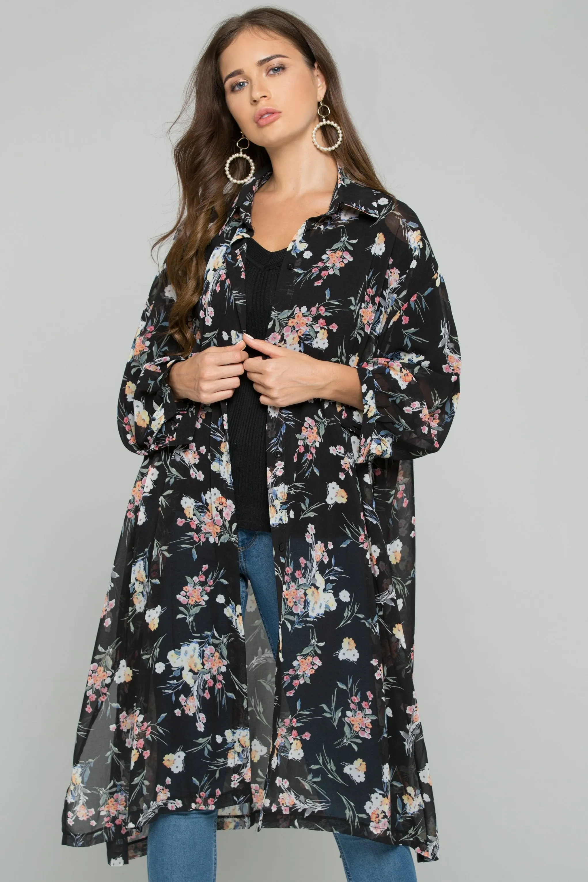 Black Chiffon Floral Print Hijab Long Sleeved Shirt