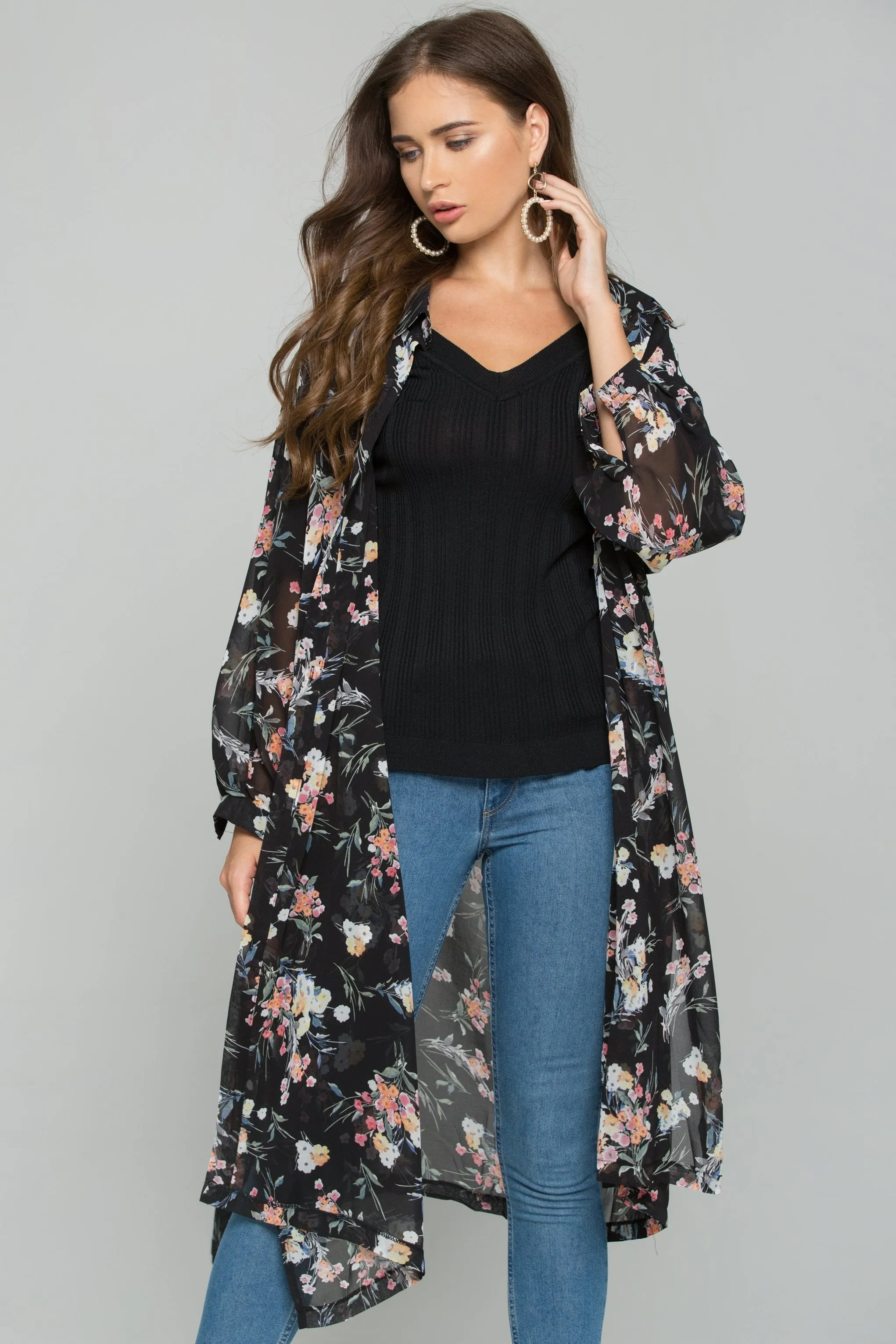 Black Chiffon Floral Print Hijab Long Sleeved Shirt