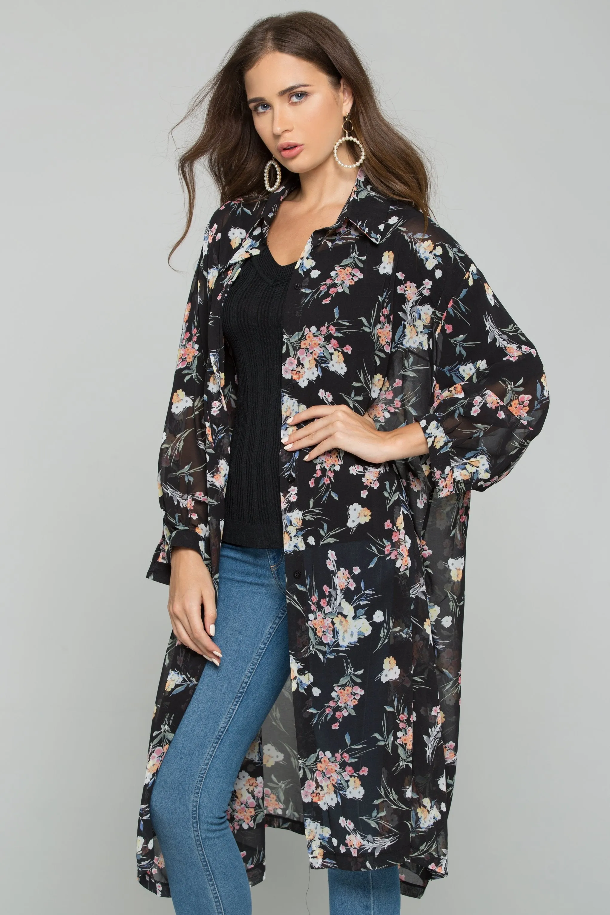 Black Chiffon Floral Print Hijab Long Sleeved Shirt