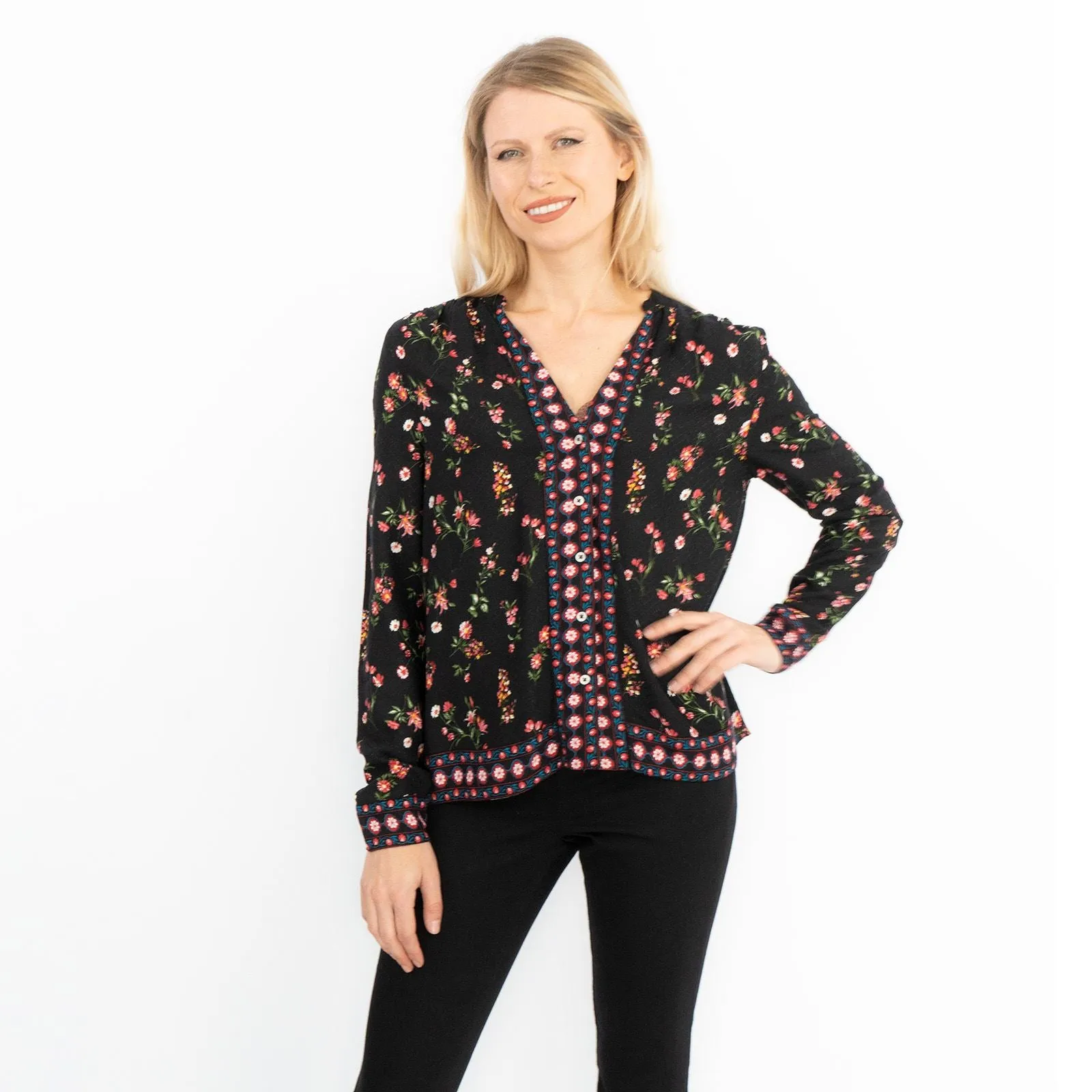 Black Floral Long Sleeve Relaxed Fit Shirts Button-Up Women's Tops