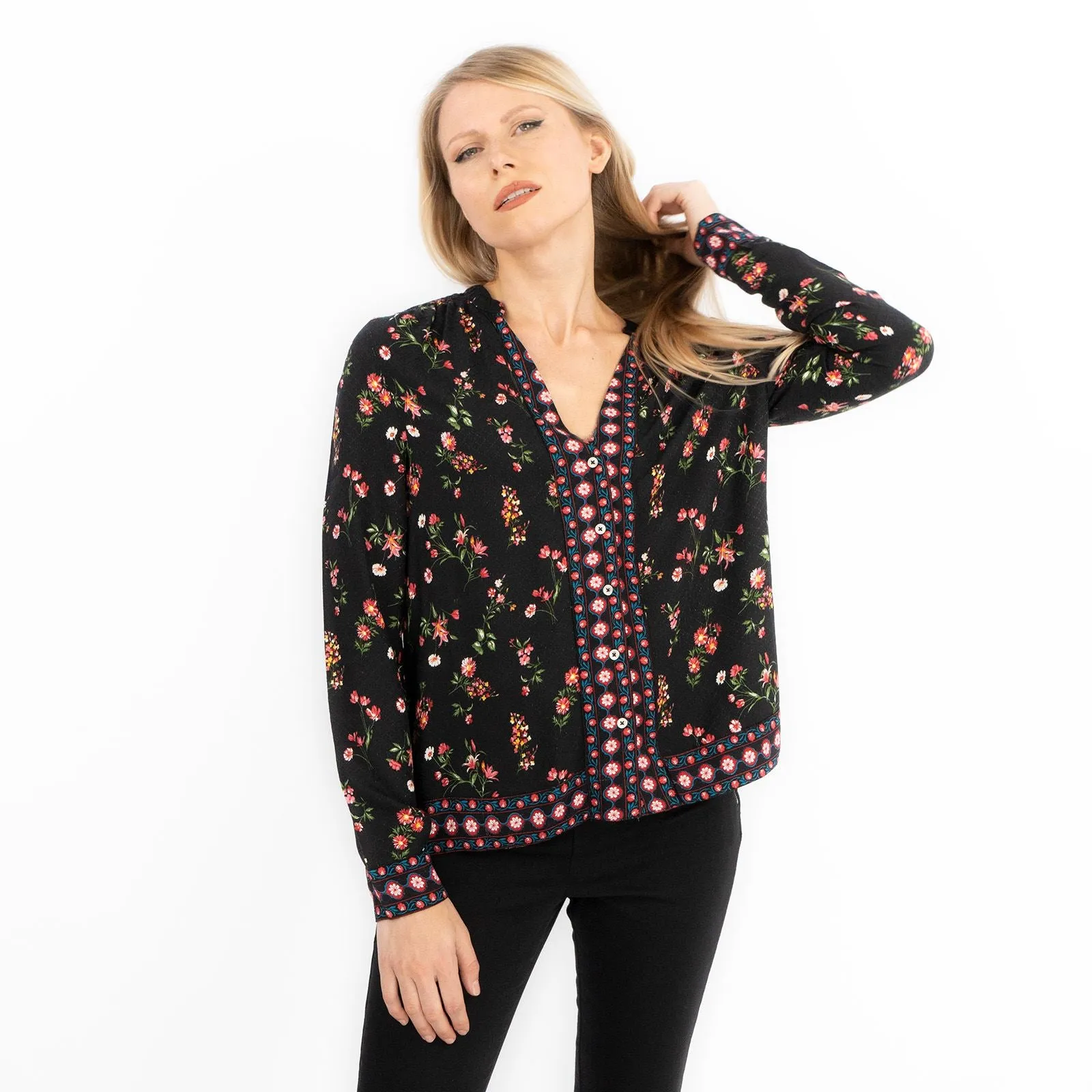 Black Floral Long Sleeve Relaxed Fit Shirts Button-Up Women's Tops