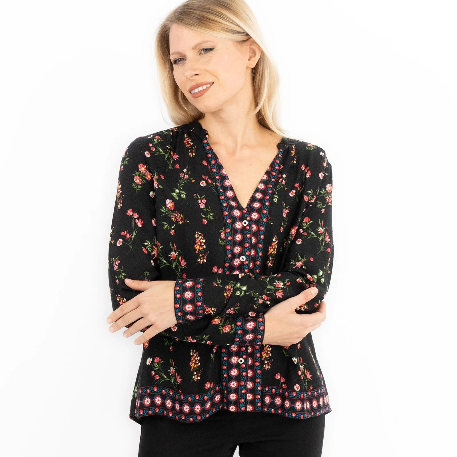 Black Floral Long Sleeve Relaxed Fit Shirts Button-Up Women's Tops